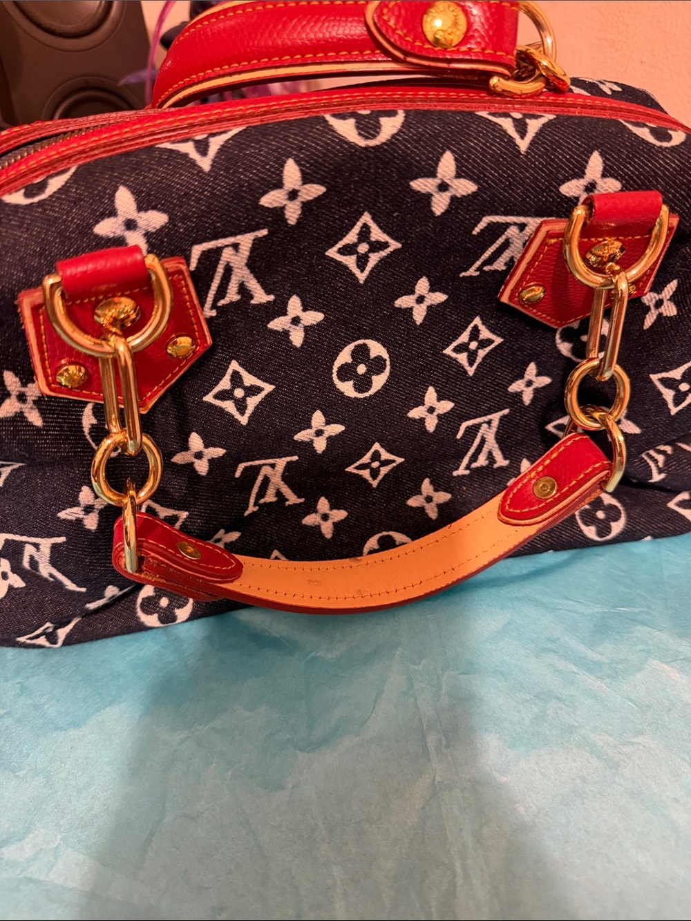 Vintage Louis Vuitton Blue Denim Monogram Satchel with Red Leather Trim - Picture 2 of 5